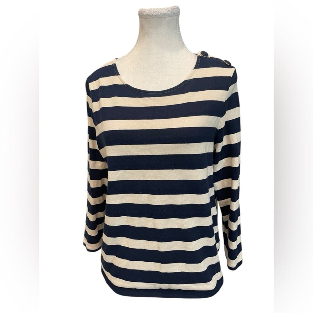 SEZANE Women's Striped Marina Cropped Crew NeNeck Cotton Blue Ivory Pullover L